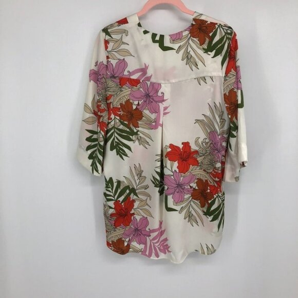 Zara floral botanical garden print ivory white V neck blouse  2/3 sleeves - Picture 2 of 14